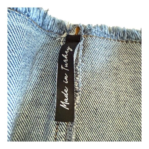 Blue Denim Mini Skirt Frayed Hem Distressed Asymmetrical Y2K Waist 13” Size 4 - Picture 3 of 5